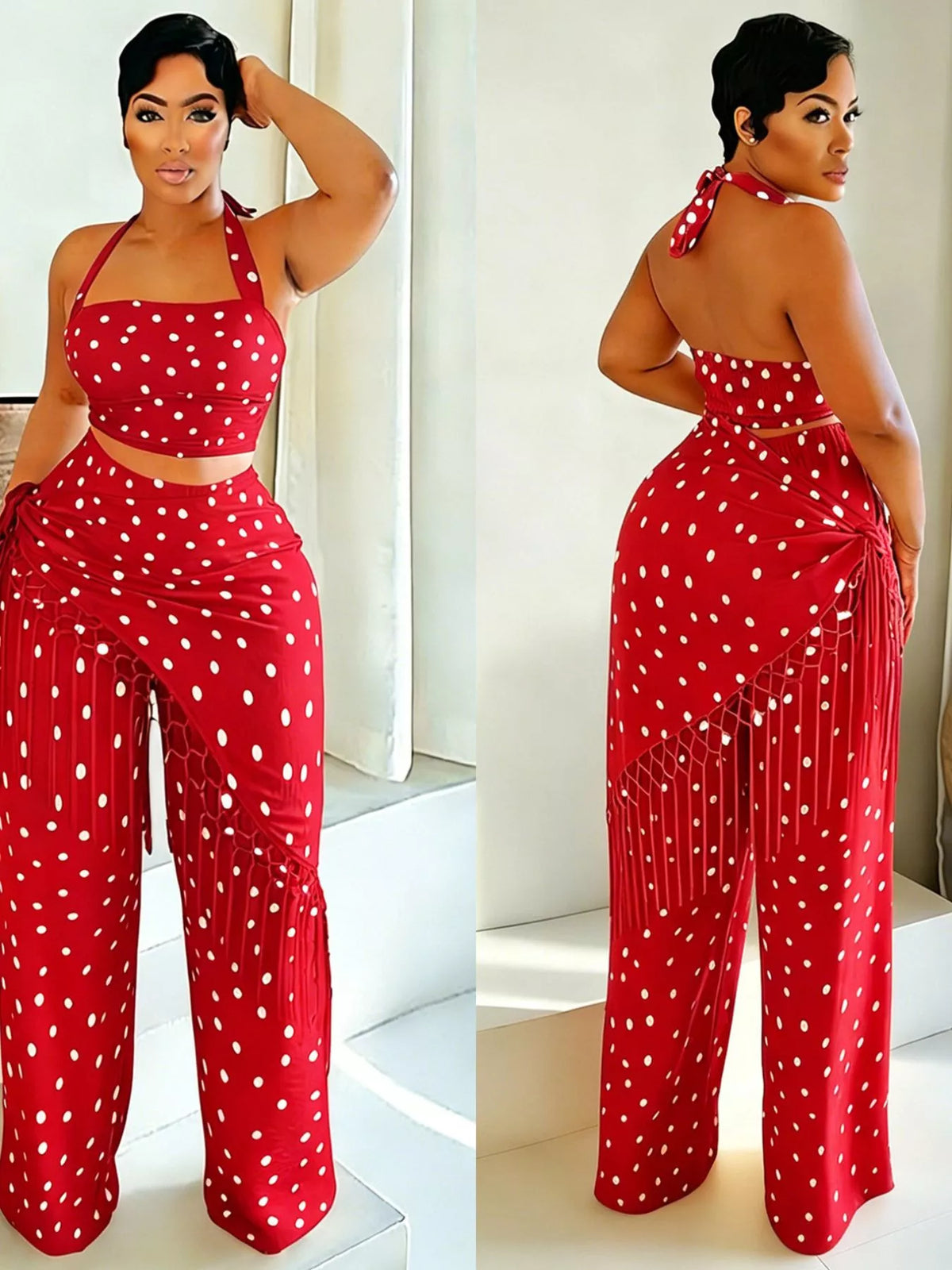 Polka Dot Halter Neck Cami Fringe Trim Pants Set (14)