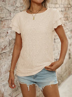 Eyelet Round Neck Double Layered Ruffled Short Sleeve Top (26)