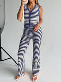 Striped Knit V-neck Button-up Sleeveless Top Flare Pants Set