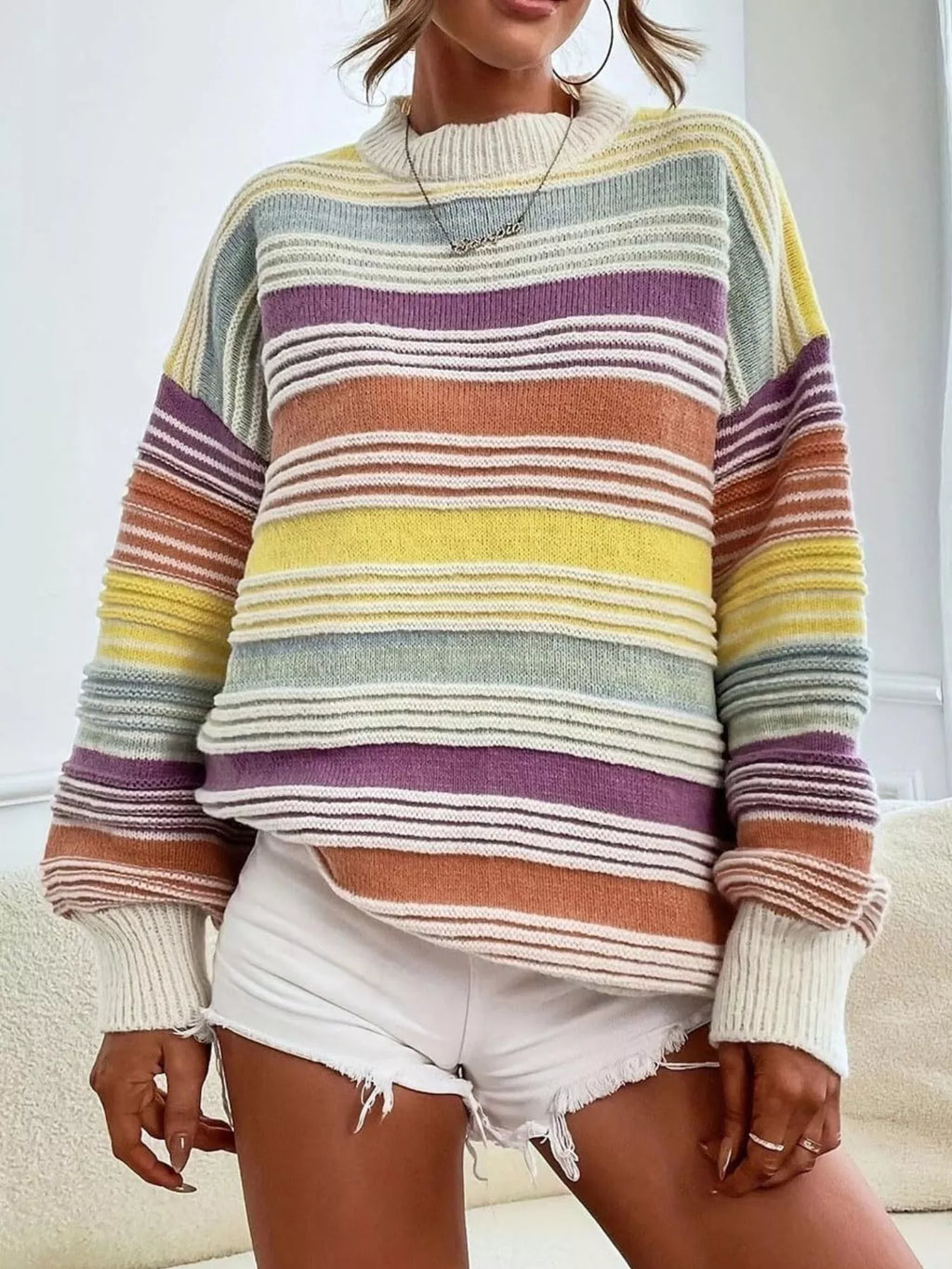Striped Knit Long Sleeve Sweater (3)