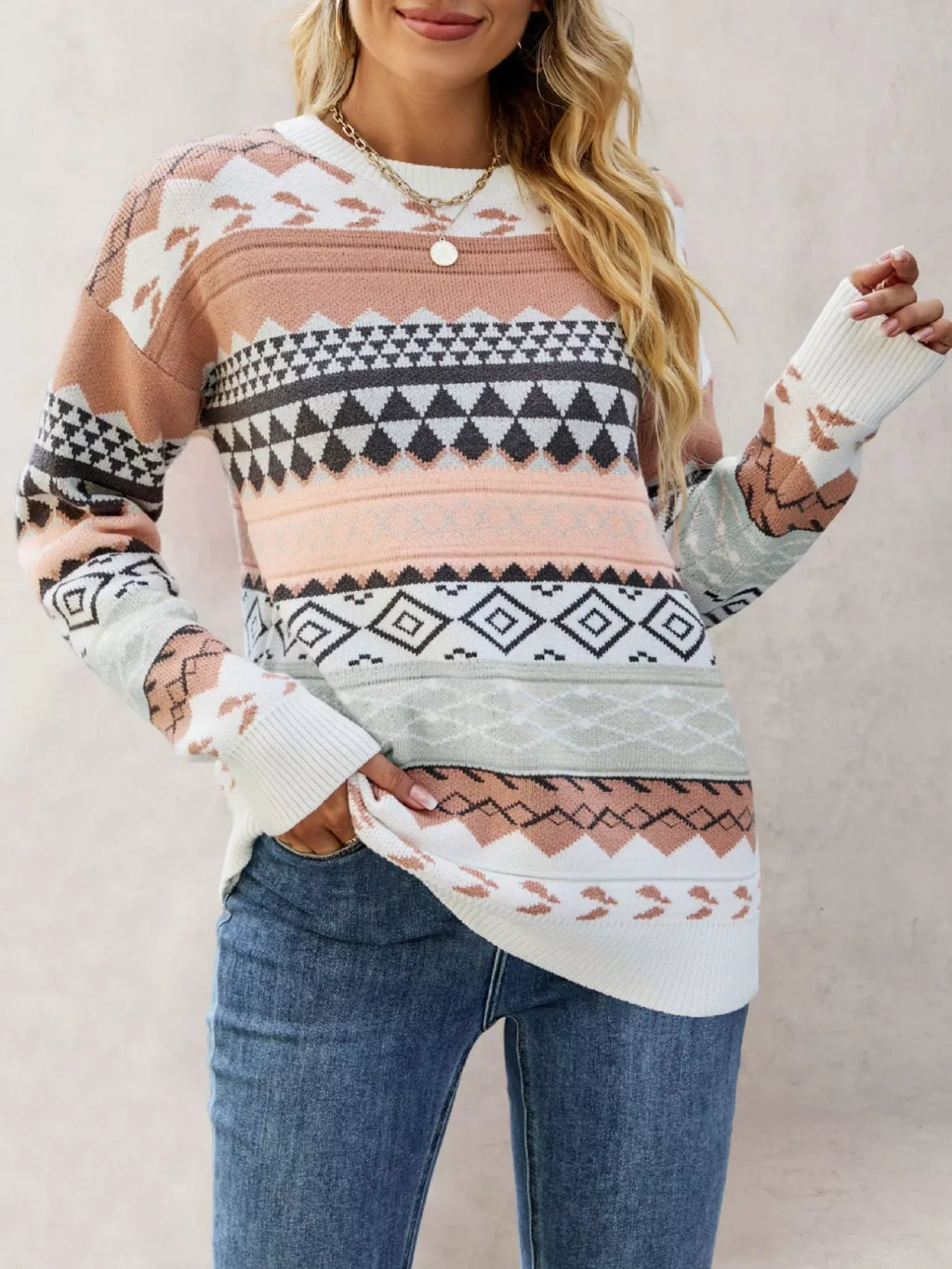 Geometric Pattern Dropped Shoulder Sweater (4)