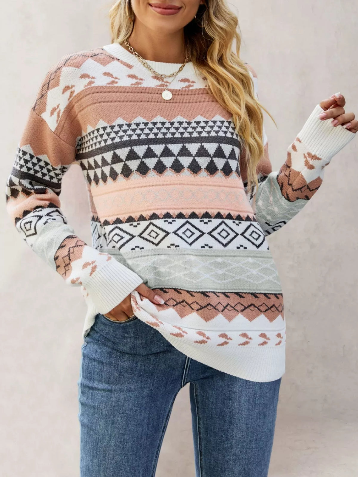 Geometric Pattern Dropped Shoulder Sweater (4)