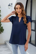 Ruffled Notched Short Sleeve Blouse (8)