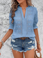 Eyelet Notched Flounce Sleeve Blouse (15)