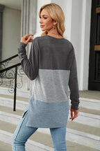 Block Round Neck Long Sleeve Slit T-shirt (12)