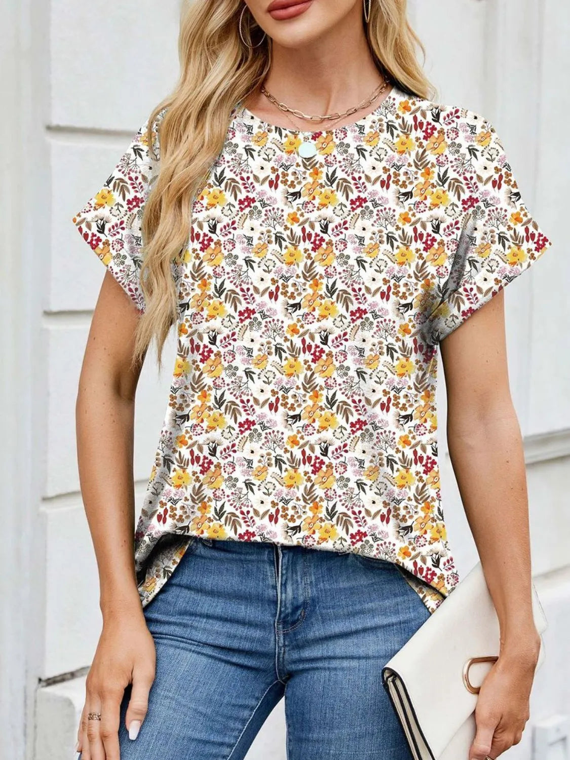 Printed Round Neck Short Sleeve Top (27)
