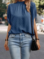 Swiss Dot Mock Neck Half Sleeve Blouse (12)