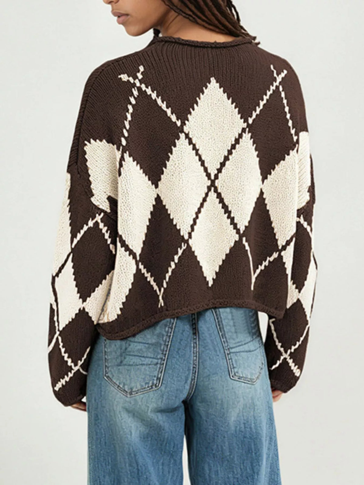 Argyle Pattern Knit Dropped Shoulder Sweater (8)
