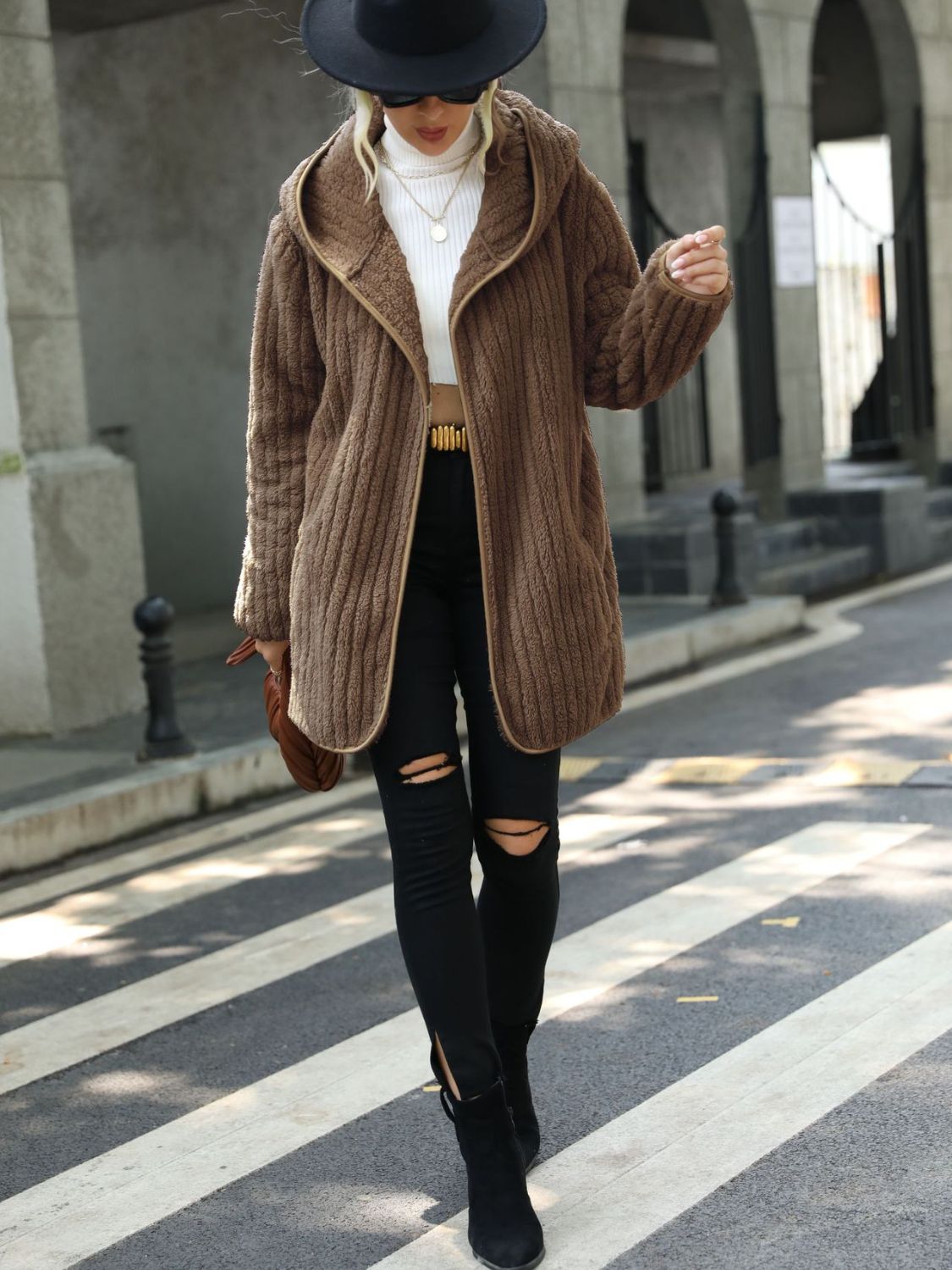 Open Front Ribbed Hooded Coat (12)