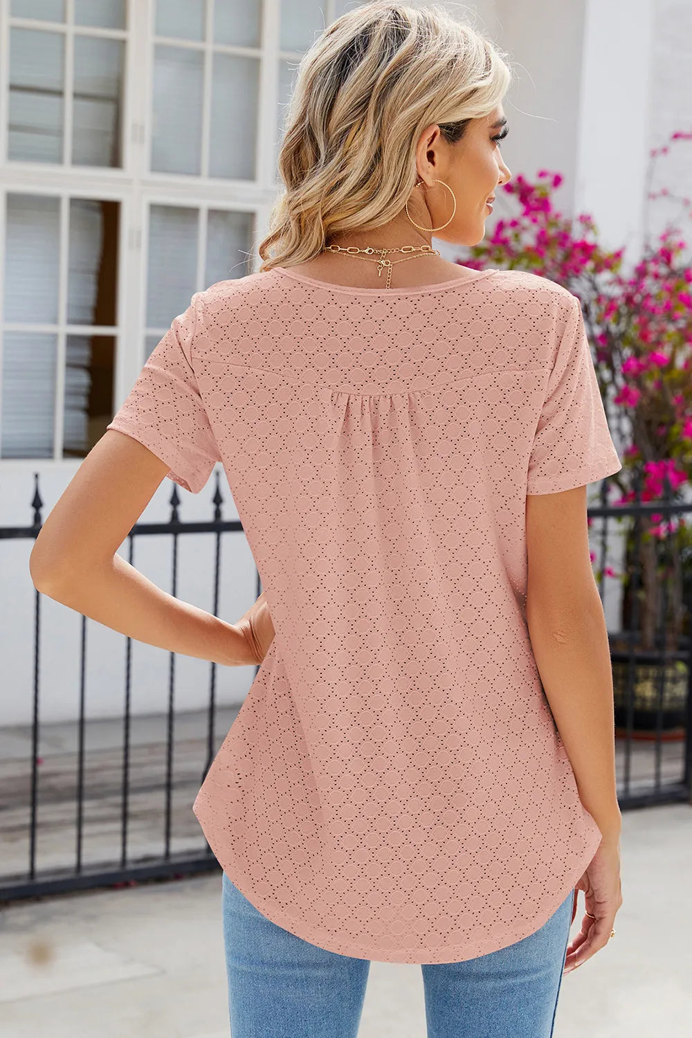 Eyelet Quarter Button Short Sleeve T-shirt (24)