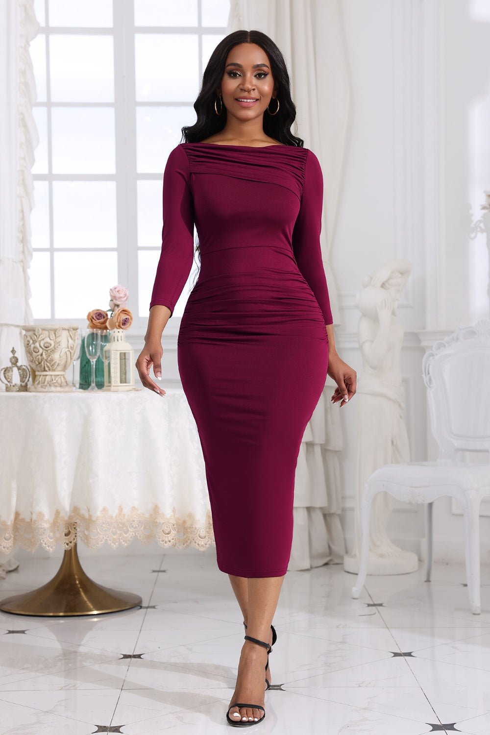 Ruched Boat Neck Midi Dress (7)