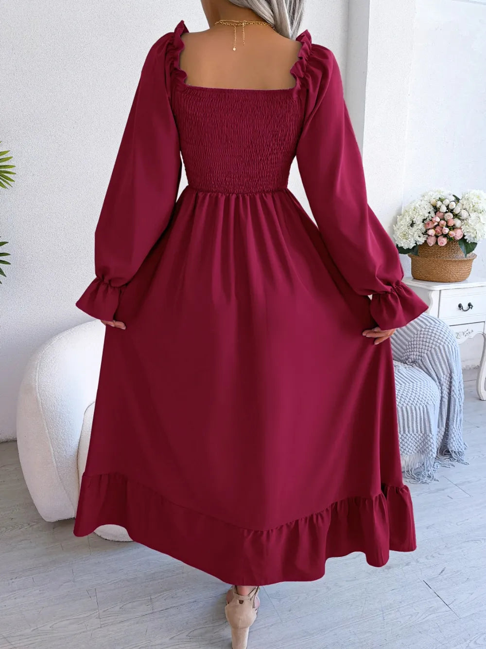 Smocked Square Neck Flounce Sleeve Dress (11)