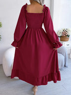 Smocked Square Neck Flounce Sleeve Dress (11)