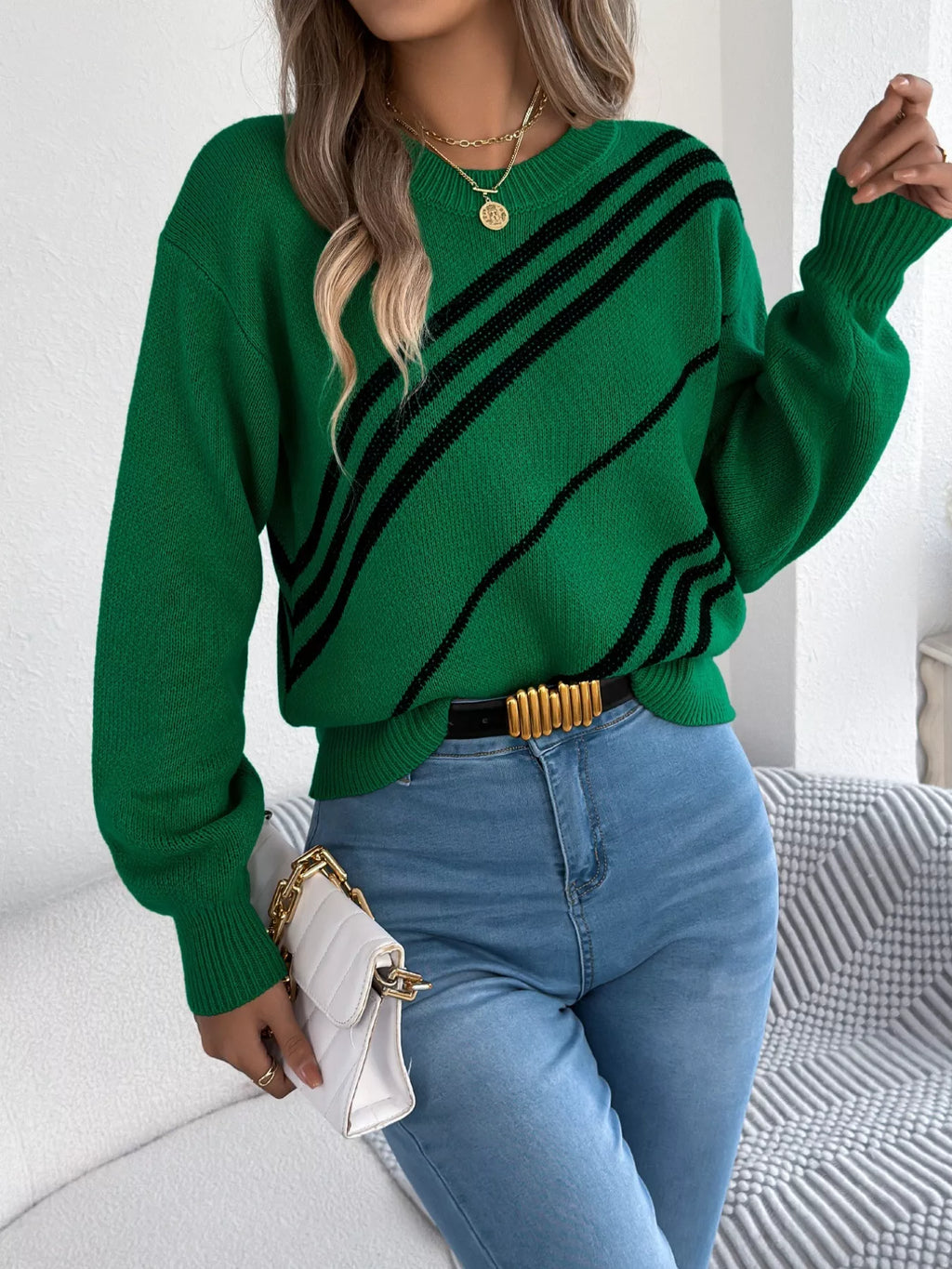 Striped Pattern Casual Round Neck Sweater (16)