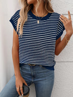Striped Round Neck Short Sleeve Knit Top (22)