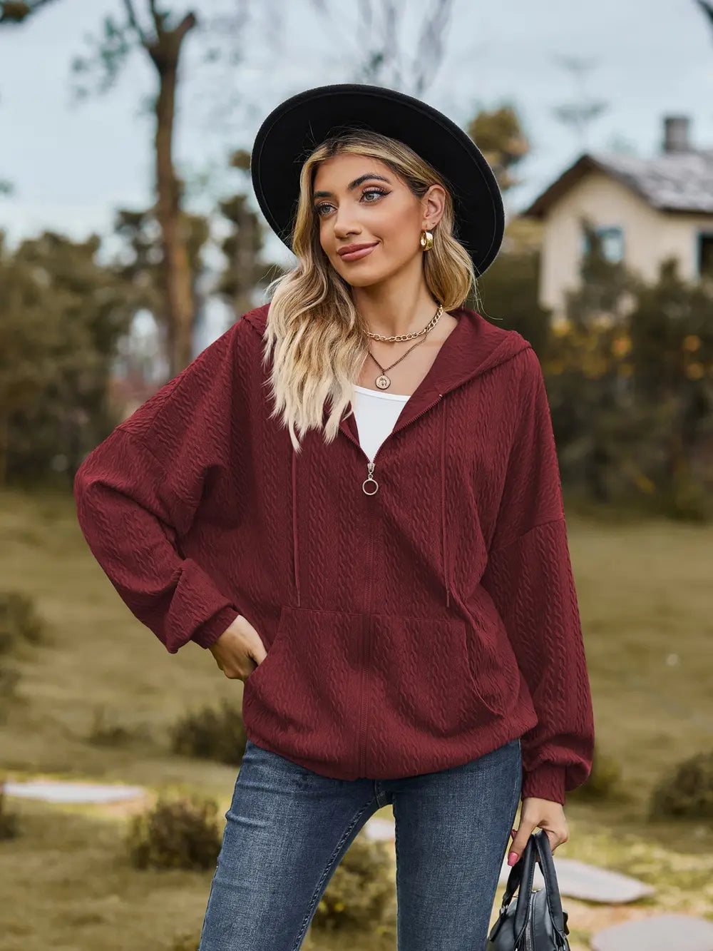 Zip Up Drawstring Long Sleeve Hooded Jacket (19)