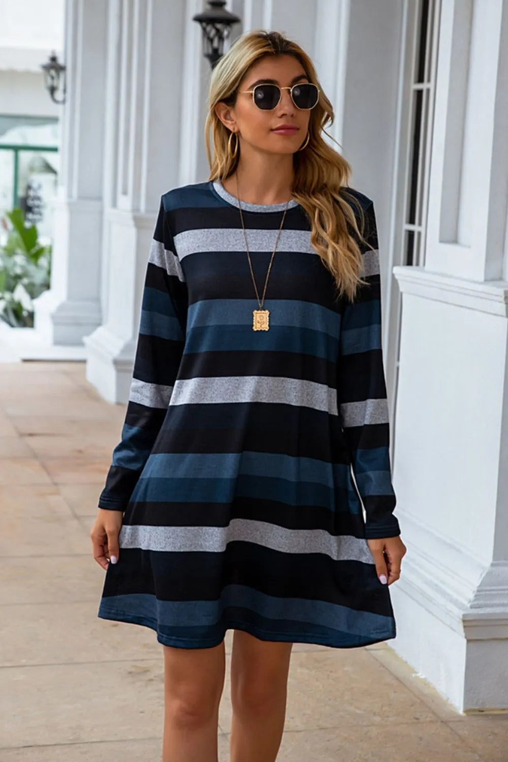 Striped Round Neck Long Sleeve Dress (11)