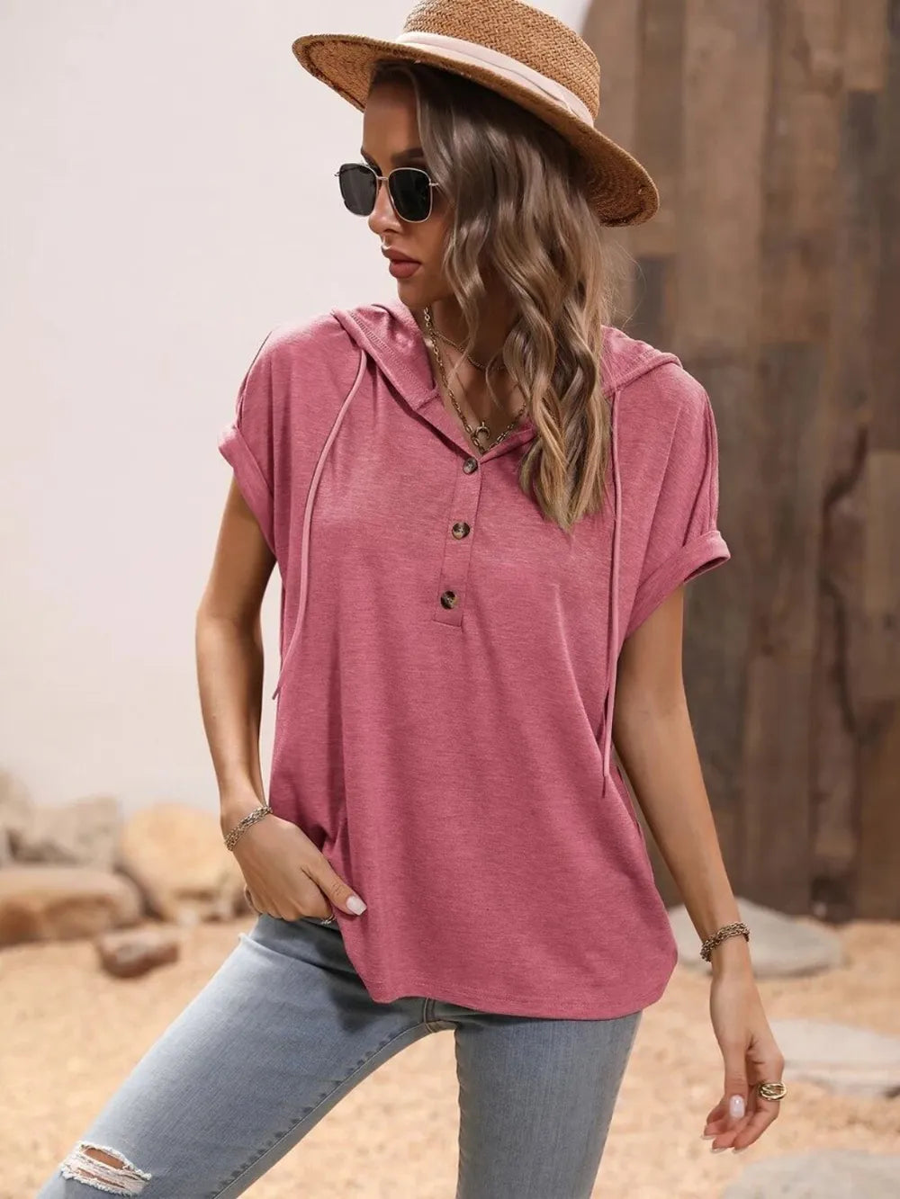 Half Button Hooded Short Sleeve Blouse (17)