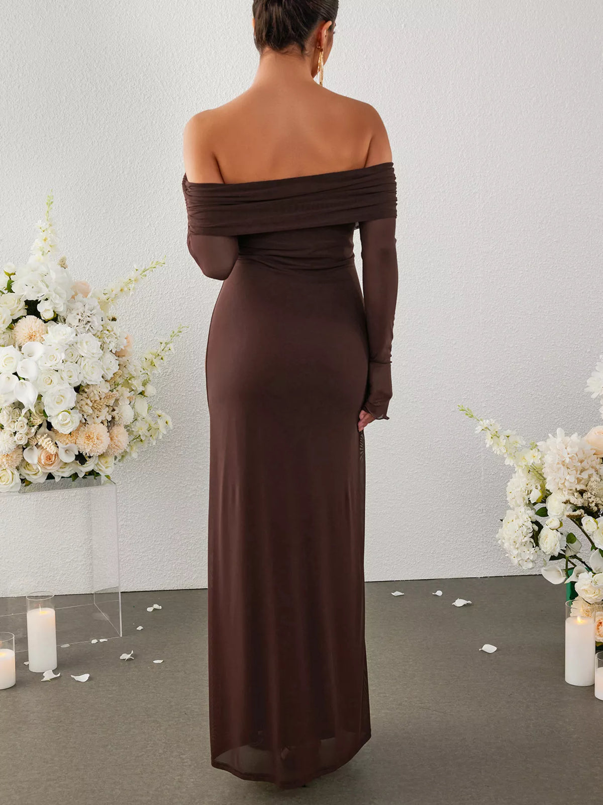 Off-shoulder Ruched Long Sleeve Maxi Dress (25)
