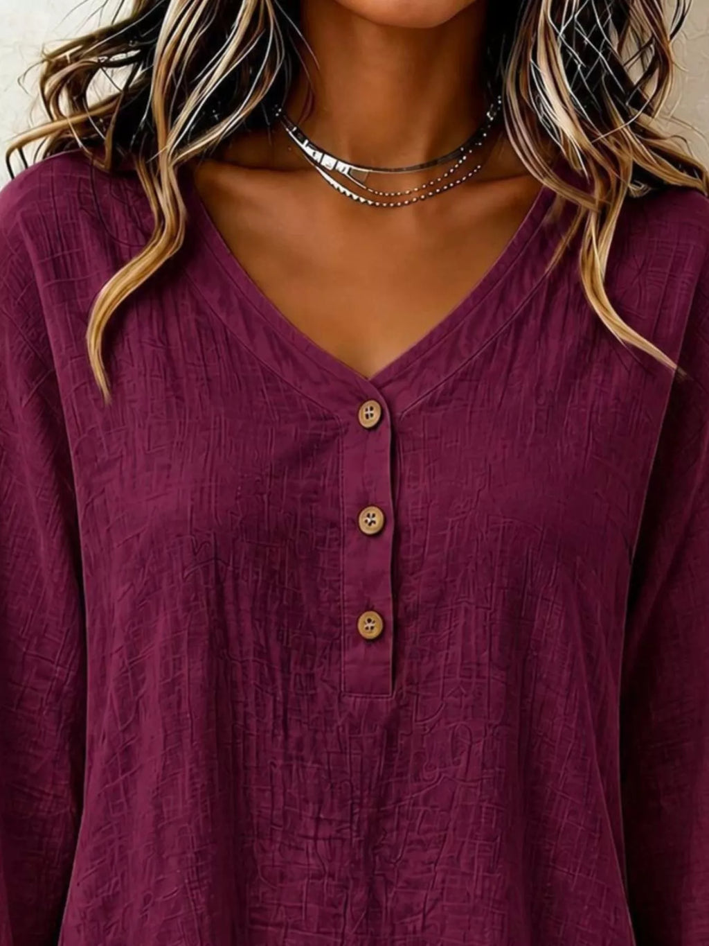 V-neck Long Sleeve Button Detail Ruffled Hem Blouse (17)