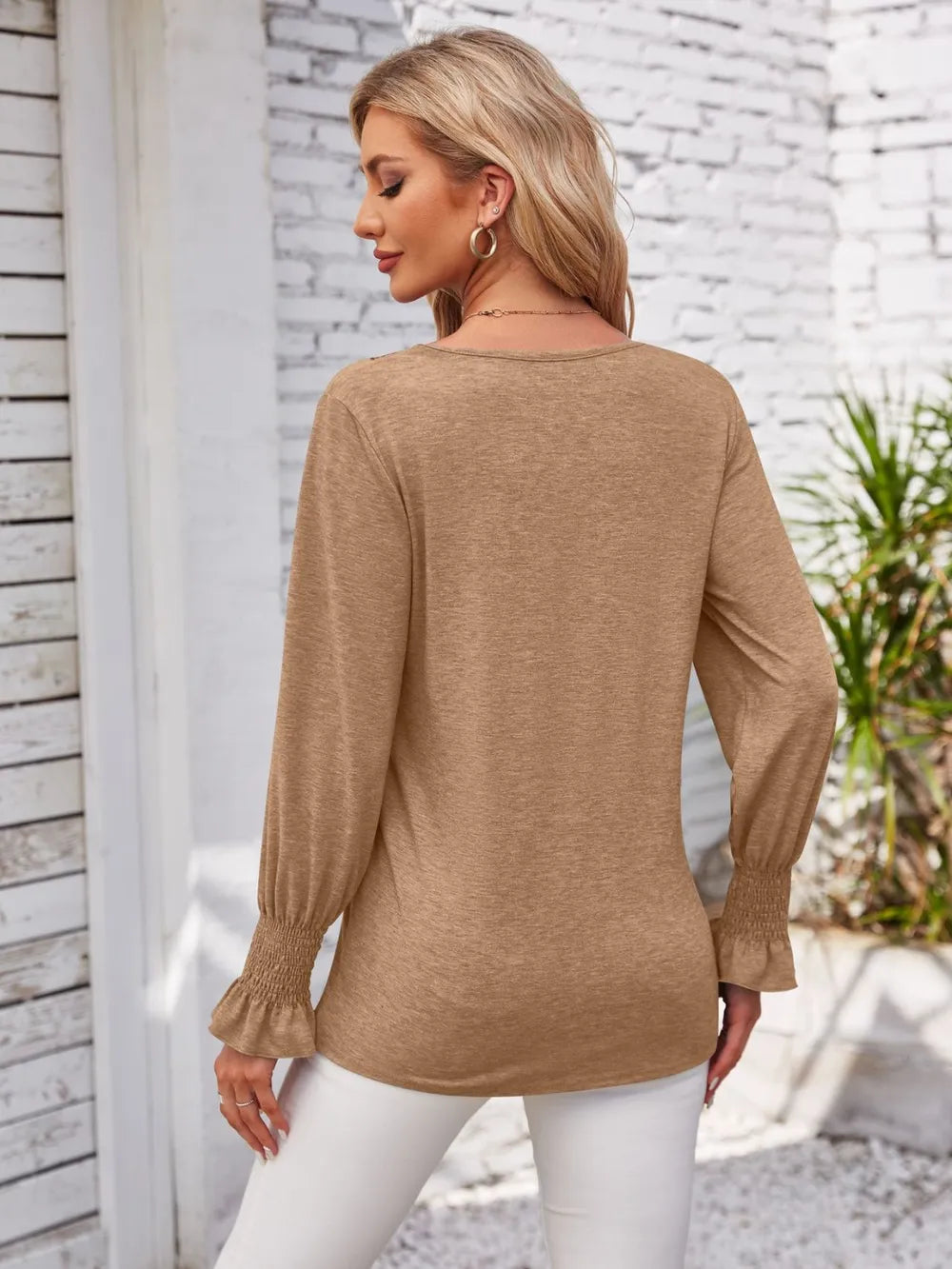 Smocked V-neck Long Sleeve Blouse (18)