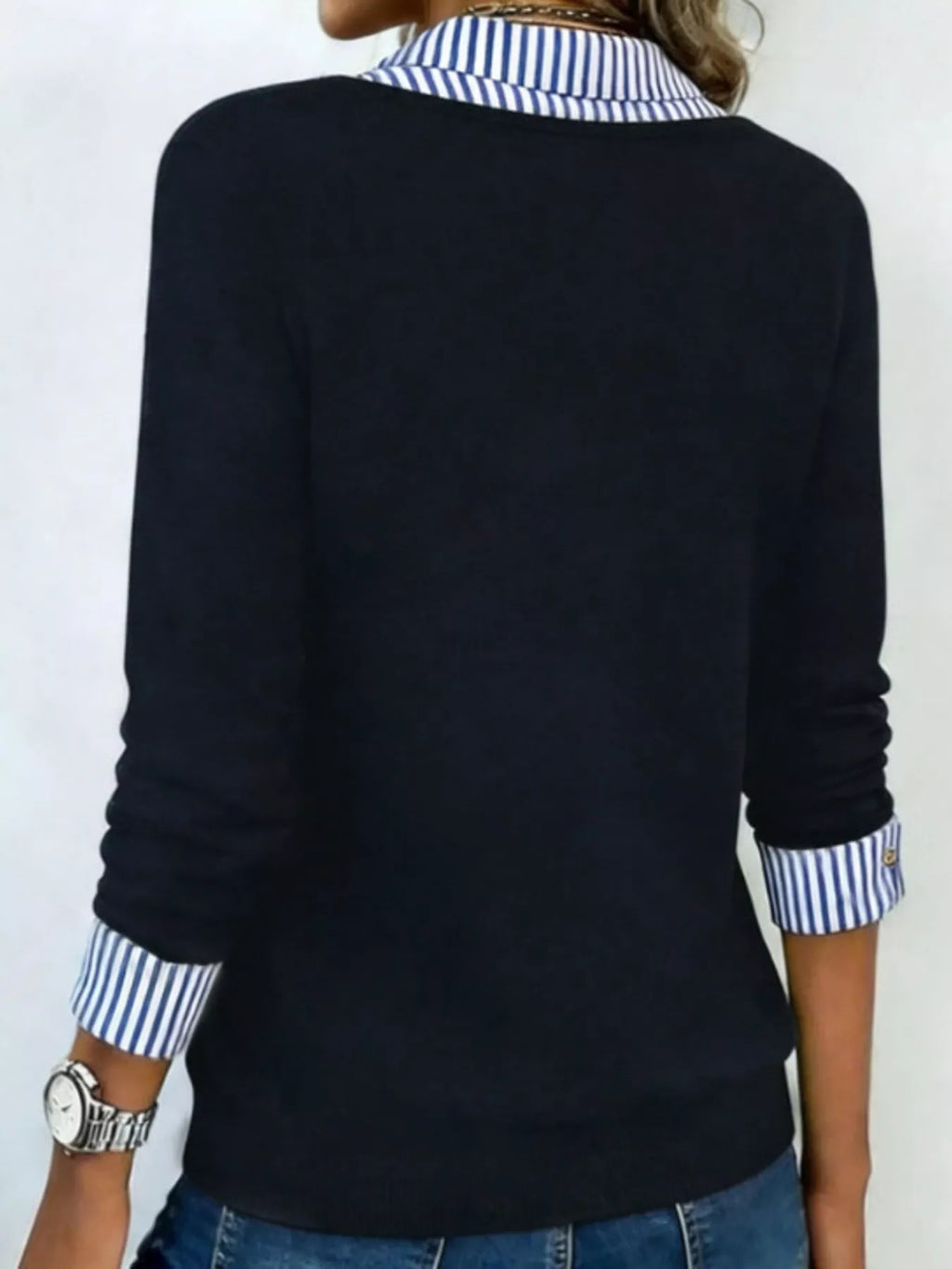 Layered Look Striped Collar Long Sleeve Top (4)