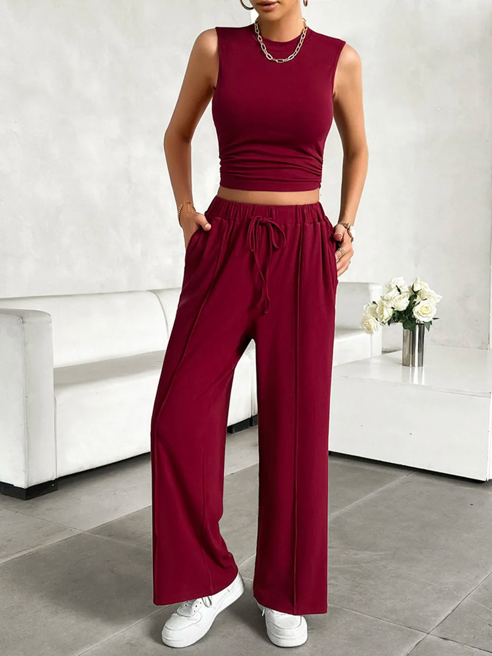 Mock Neck Sleeveless Top Drawstring Pants Set (8)