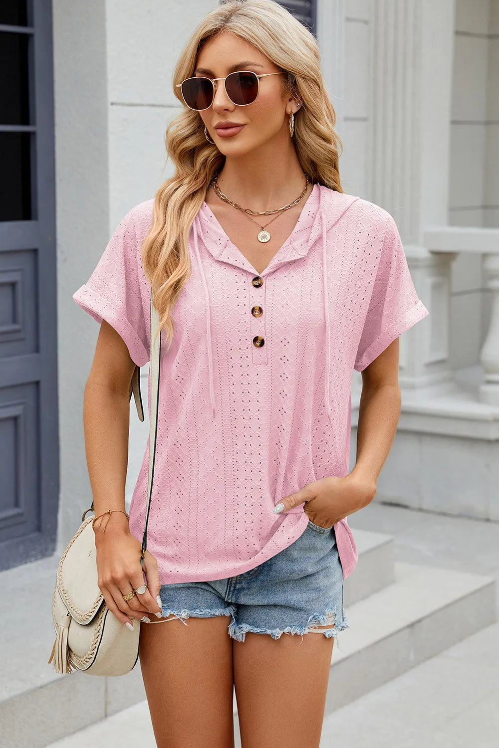 Eyelet Drawstring Hooded Short Sleeve Blouse (18)
