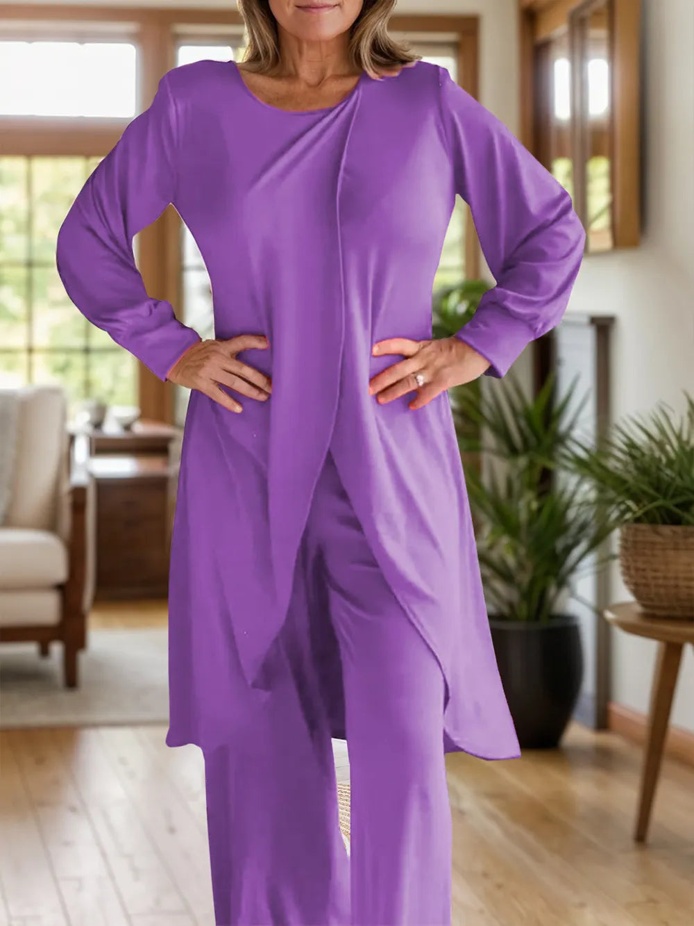 Full Size Slit Round Neck Long Sleeve Top Pants Set (6)