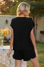 Round Neck Short Sleeve T-shirt Drawstring Shorts Lounge Set (6)