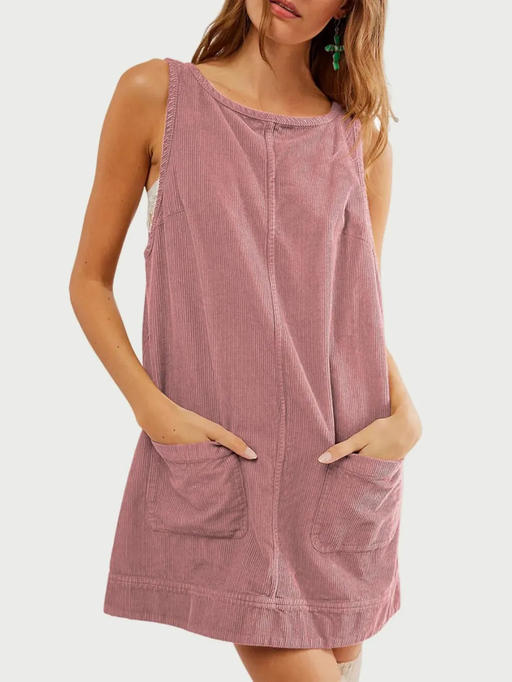 Round Neck Wide Strap Mini Dress Pockets (5)