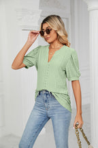 Eyelet Short Puff Sleeve Notched Neck Top (15)