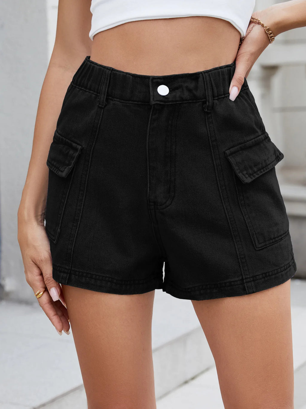 High Waist Cargo Denim Shorts (19)
