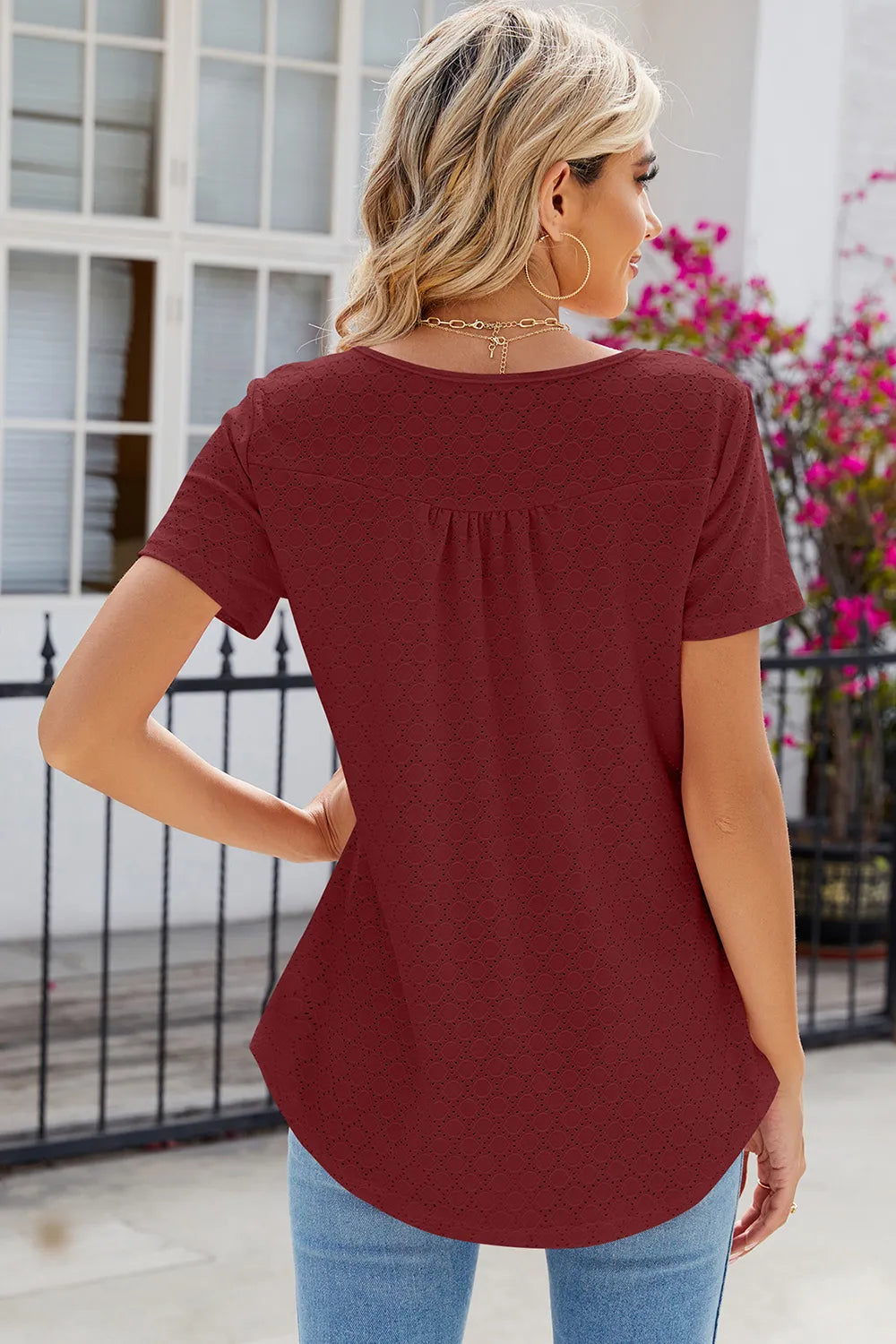Eyelet Quarter Button Short Sleeve T-shirt (20)