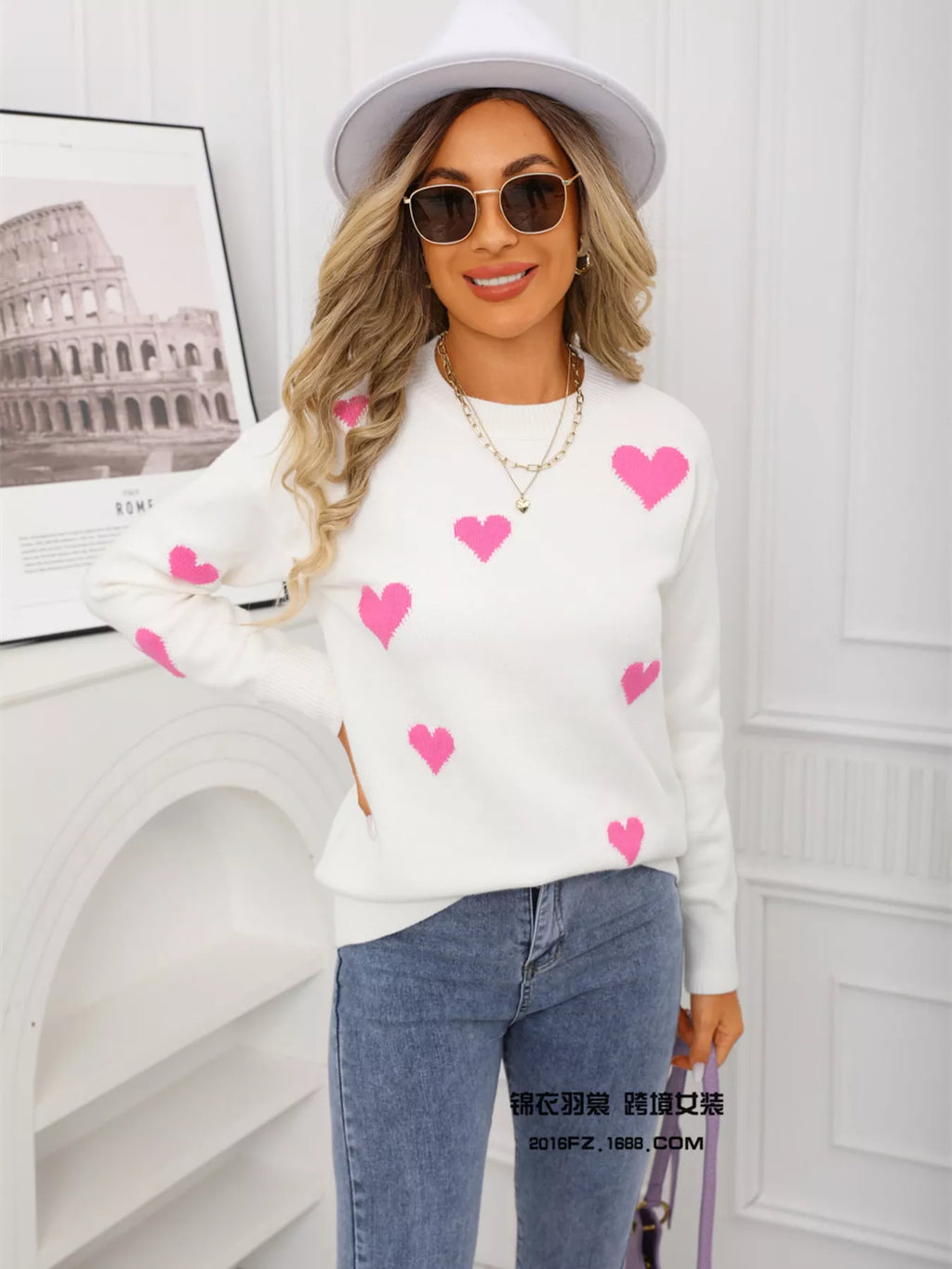 Valentine's Day Heart Print Round Neck Sweater (16)