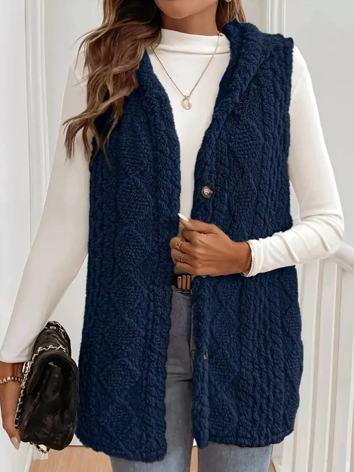 Button-down Sherpa Hooded Vest Coat (7)