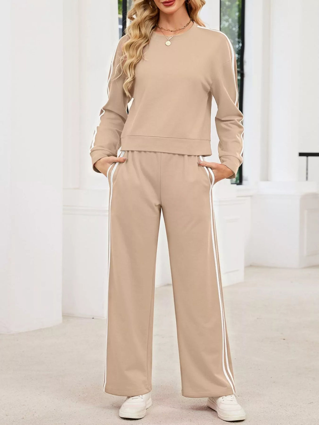Striped Round Neck Sweatshirt Pants Set (3)