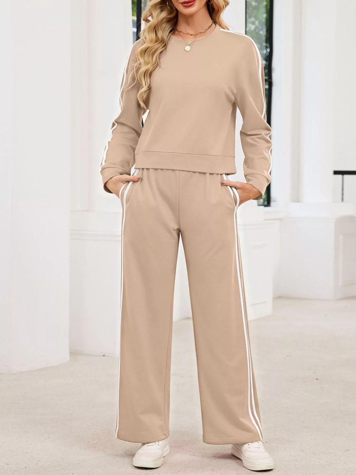 Striped Round Neck Sweatshirt Pants Set (3)