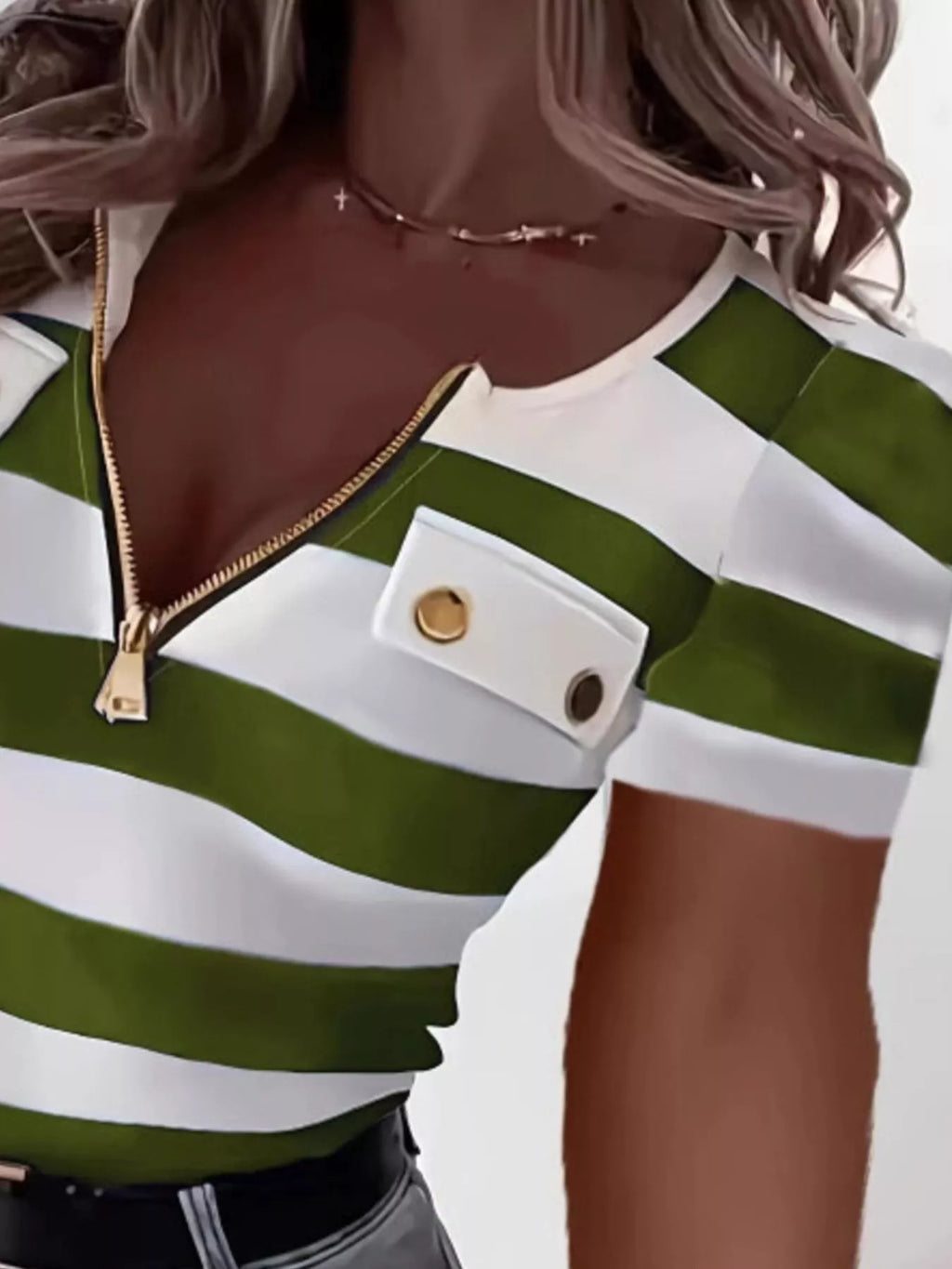Striped Zipper Front Short Sleeve T-shirt (2)