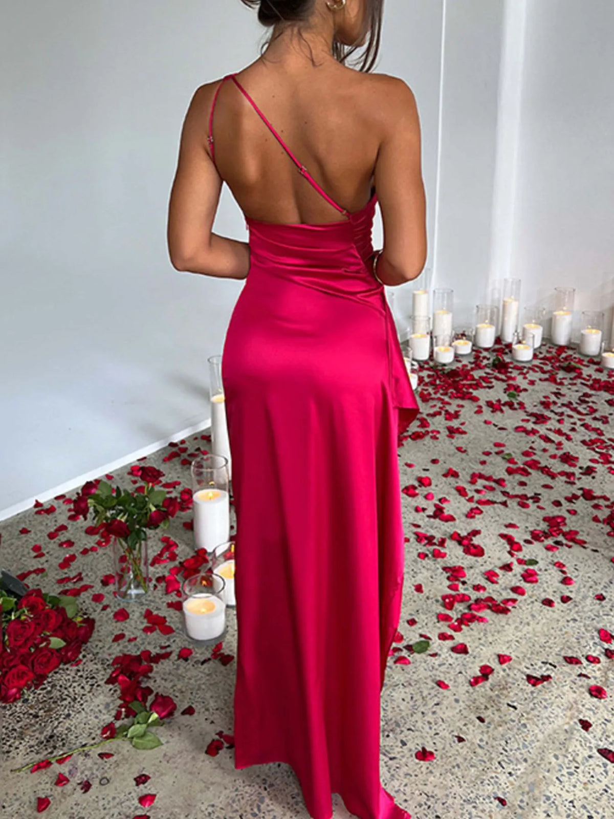 One Shoulder Satin Dress High Slit (7)