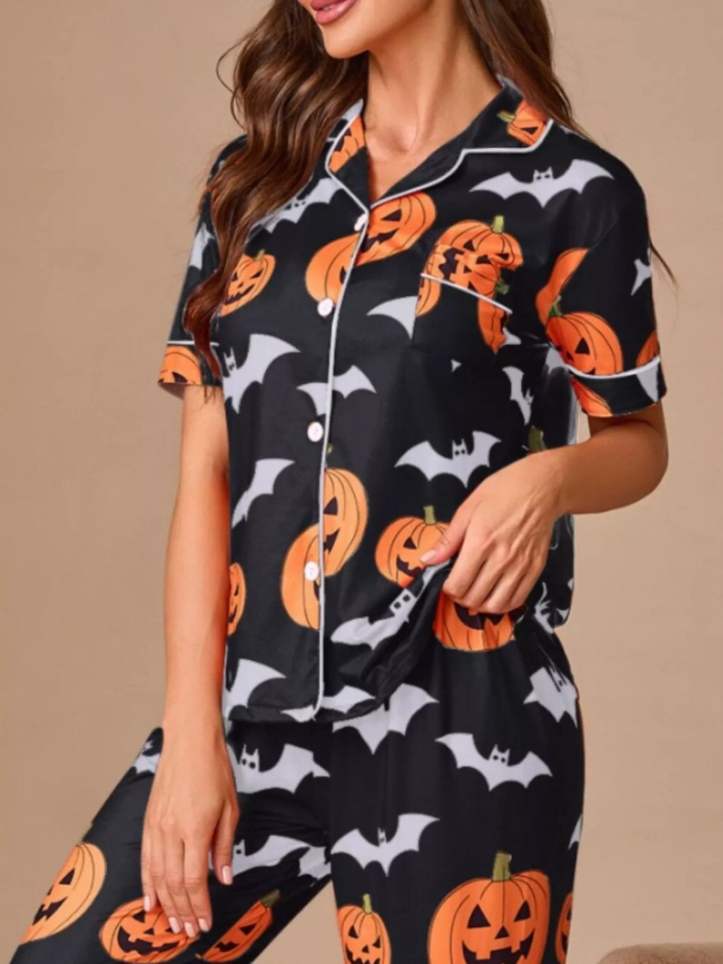 Halloween Pumpkin Bat Print Button-down Top Pants Lounge Set (10)