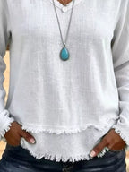 V-neck Frayed Hem Long Sleeve T-shirt (15)