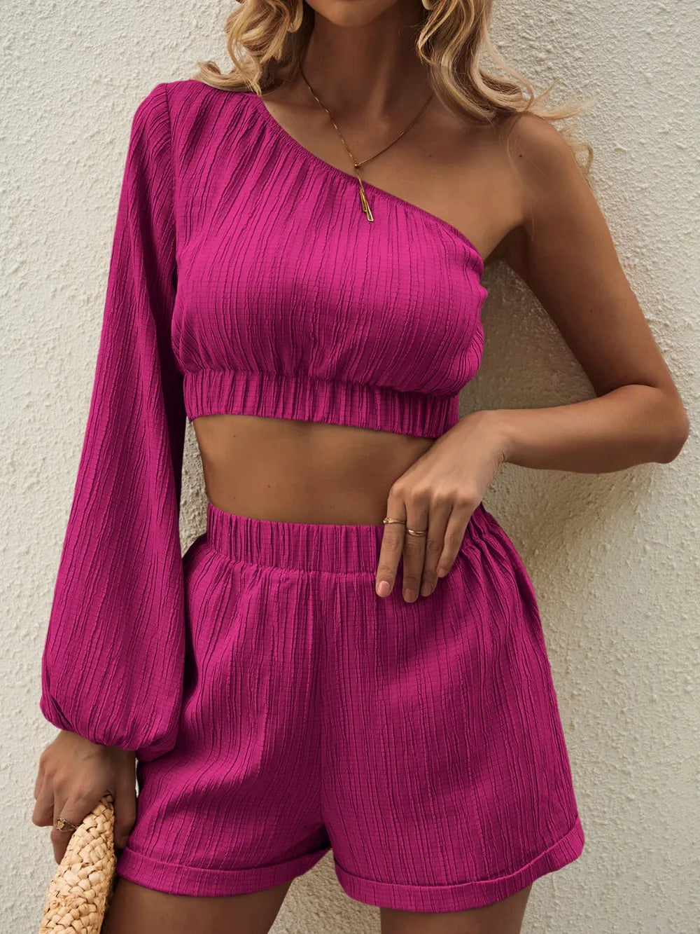One Shoulder Long Sleeve Top Shorts Set (15)