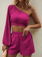 One Shoulder Long Sleeve Top Shorts Set (15)