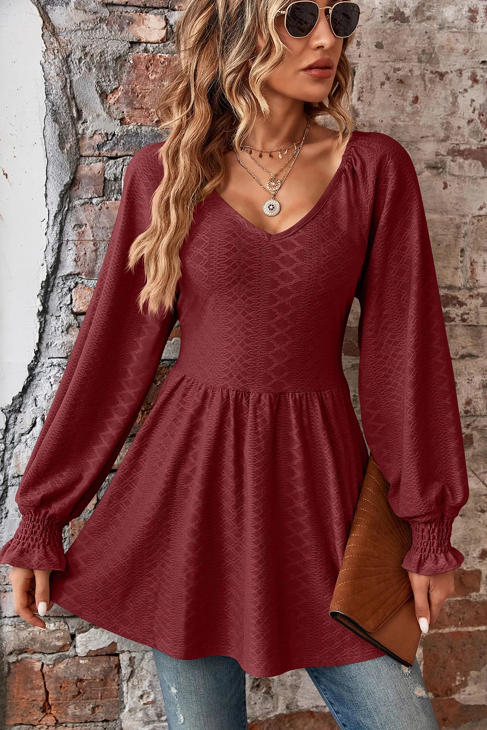 Peplum V-neck Long Sleeve Blouse (3)