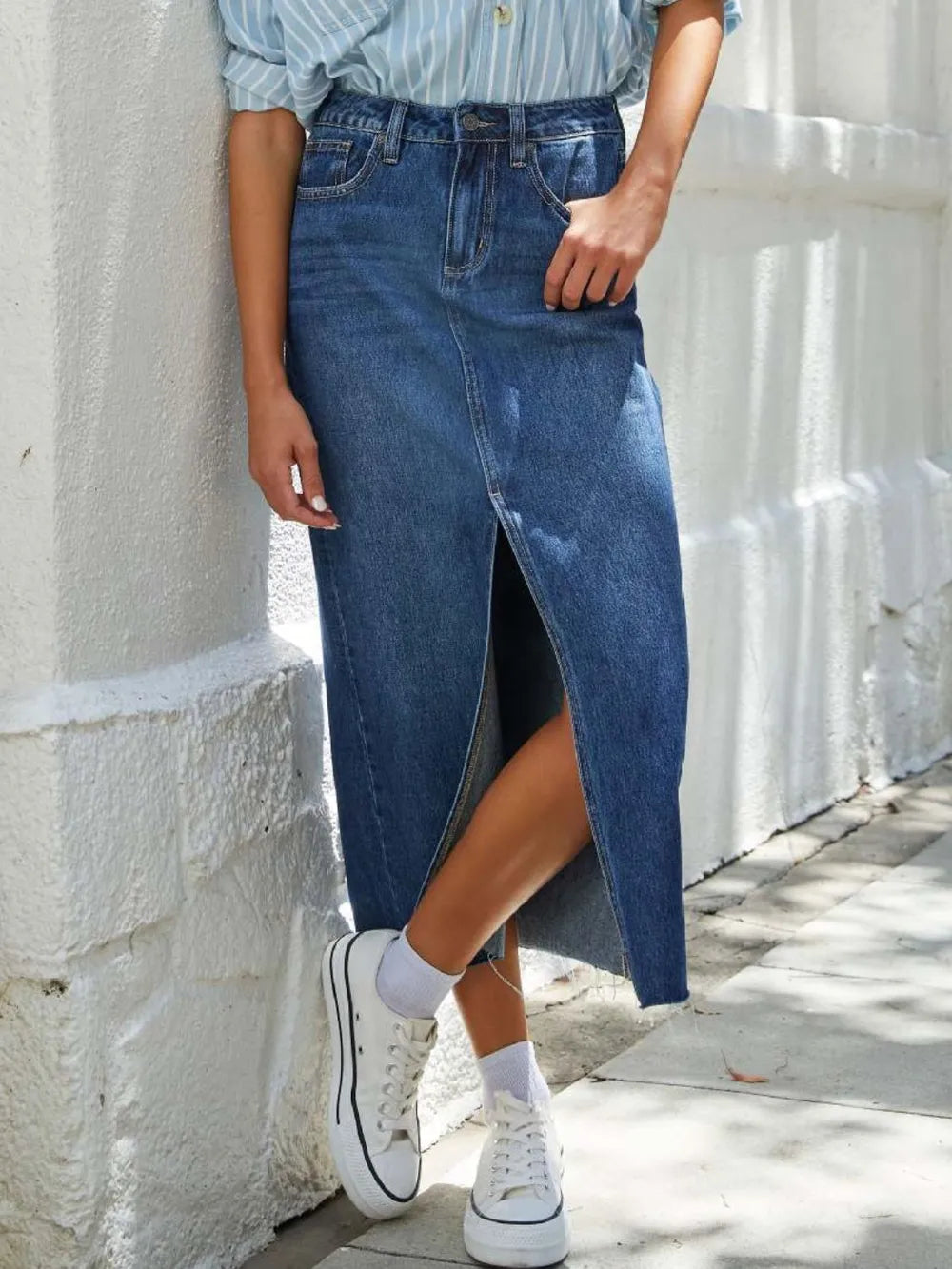 Raw Hem Front Slit Denim Midi Skirt (8)