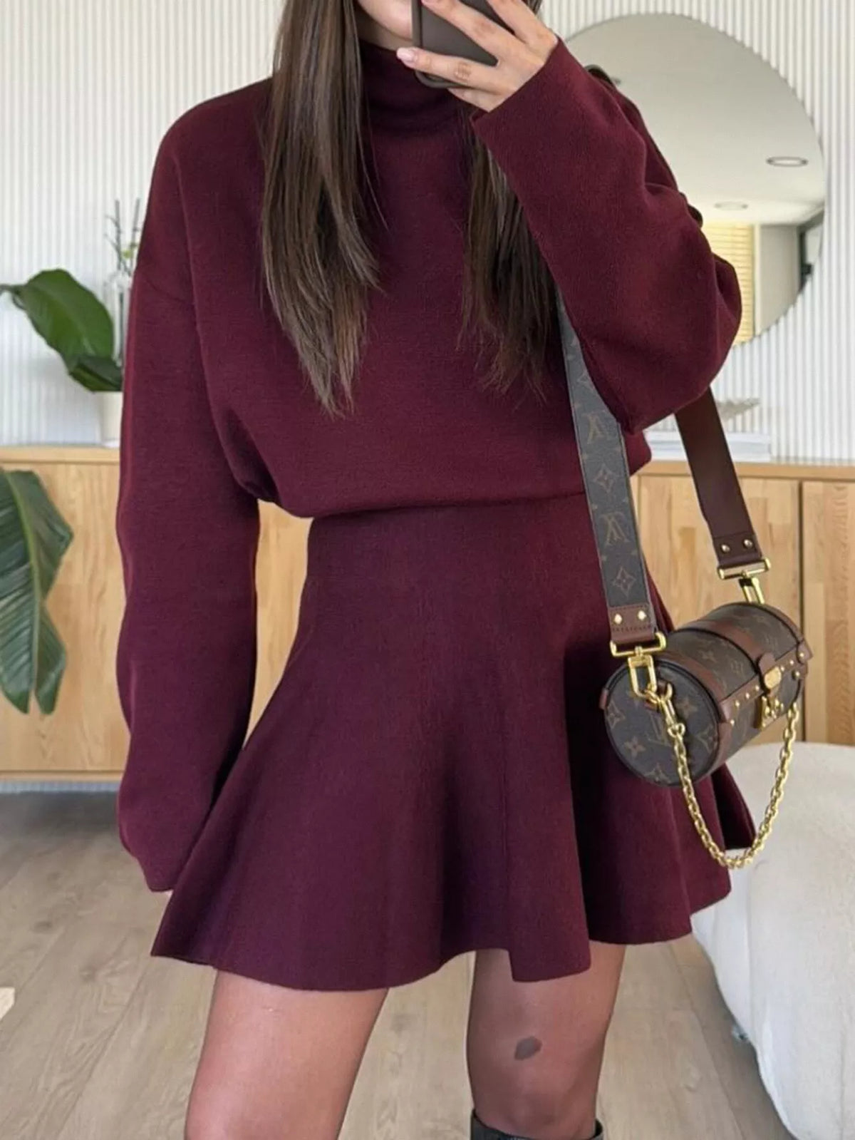 Turtleneck Dropped Shoulder Sweater Skirt Set (10)