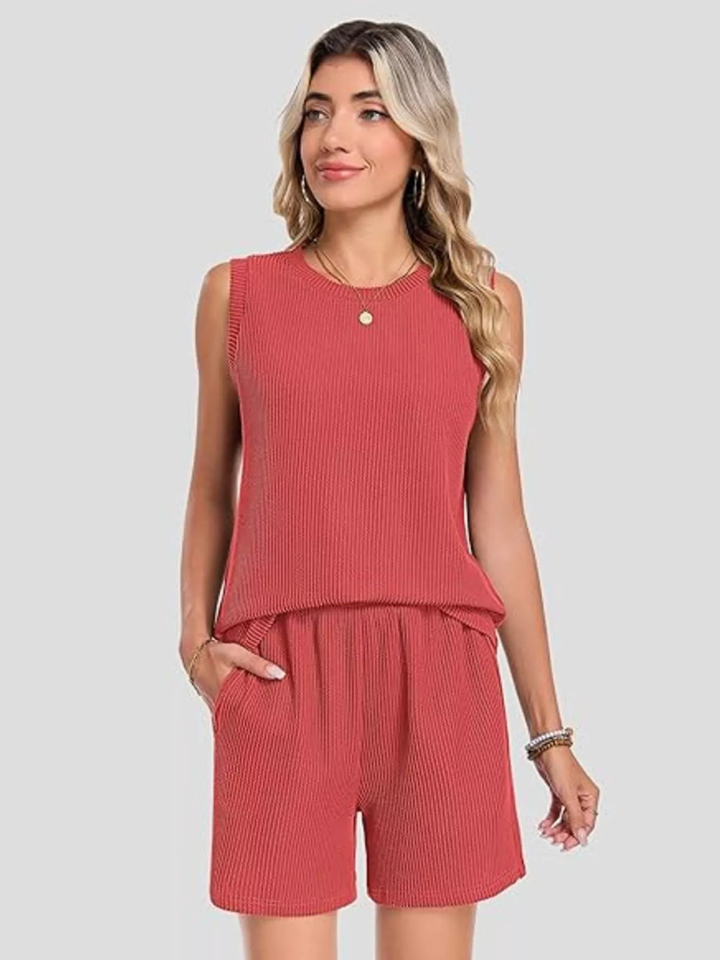 Casual Ribbed Knit Sleeveless Top Shorts Set (3)