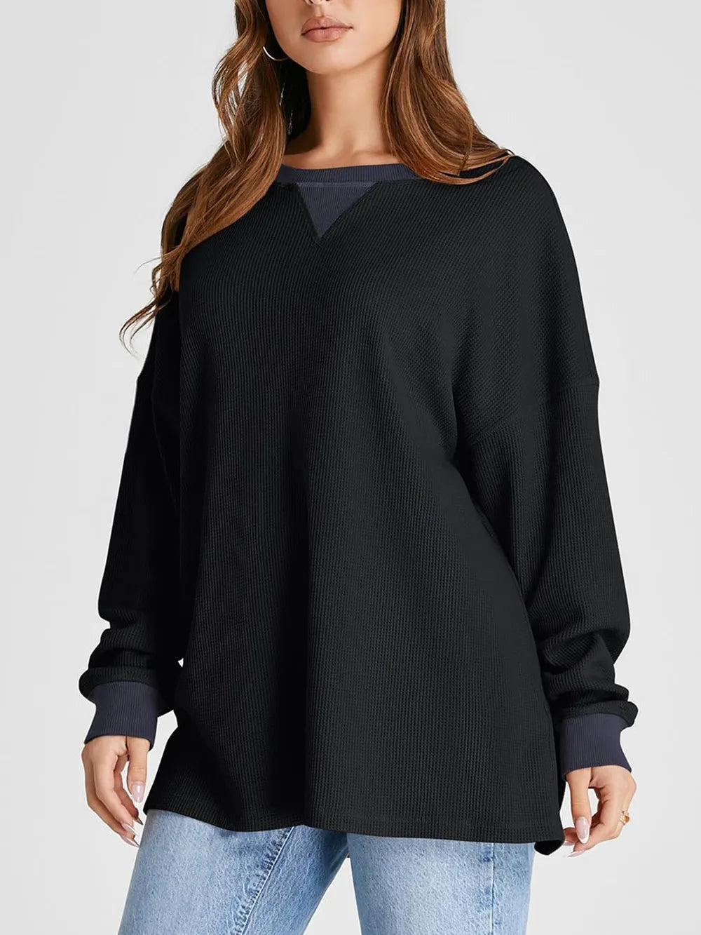 Waffle Knit Round Neck Long Sleeve T-shirt (23)