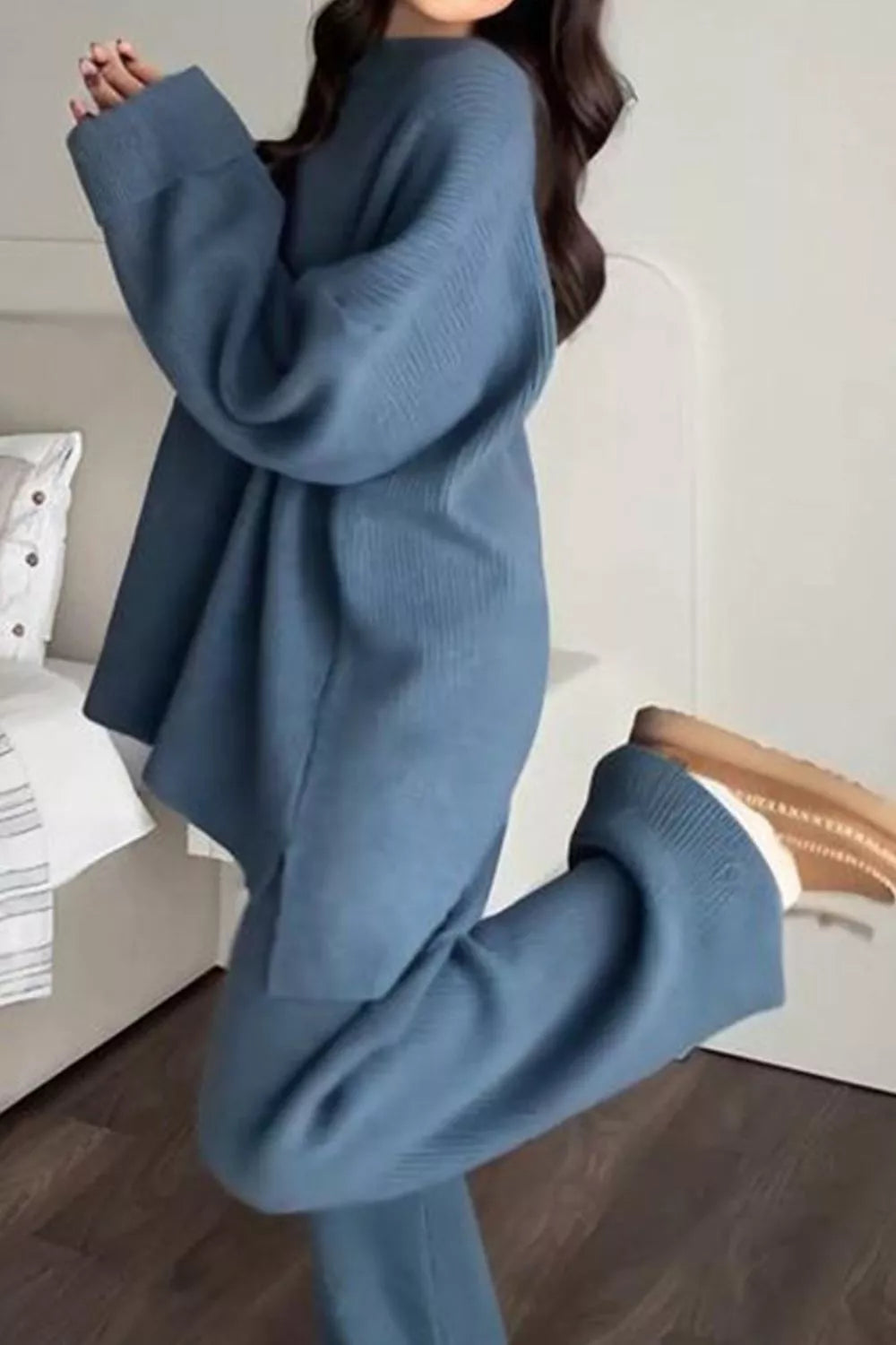 Dropped Shoulder Knit Sweater Wide Leg Pants Set (3)